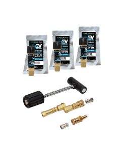 TRATP9814EV-BX image(0) - Tracer Products Mini-EZ™ POE-Based EV A/C dye injection kit with TP9815EV-P3 dye cartridges (compatible with R-134a and R-1234yf EV systems), solid-brass swivel-type R-134a coupler with check valve and purge fitting, R-1234