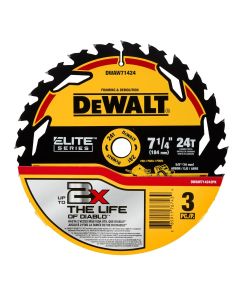 DWTDWAW714243PK image(0) - DEWALT ELITE SERIES 7-1/4 In Carbide Circular Saw Blade 24 Tooth with 5/8 in Arbor (3 Pack)
