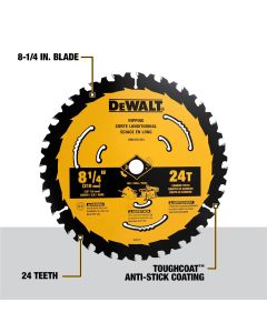 DWTDWA181424B10 image(0) - DEWALT 8-1/4 In Carbide Circular Saw Blade 24 Tooth with 5/8 in Arbor (10 Pack)