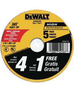 DWTDW8062B5 image(0) - DeWalt 4-1/2 in x .045 in Aluminum Oxide Abrasive Chop / Cut-Off Blade with 7/8 in Arbor for Metal Cutting (5 Pack)