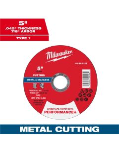 MLW49-94-0115 image(0) - Milwaukee Tool 5" x .045" x 7/8" Performance+ Metal Cut Off Wheel - Type 1