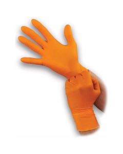 BLGOO-M image(1) - Atlantic Safety Company Super tough orange 8mil powder free nitrile disposable gloves with aggressive diamond grip. Touchscreen compatible, food safe and resists most chemicals. Latex Free. Not for Medical Use. 100/box. M