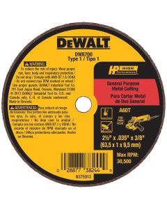 DWTDW8700 image(0) - DEWALT 2-1/2" x .035" x 3/8" A60T Metal & Stainless Cutting & Grinding Wheel