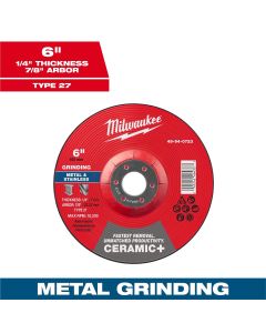 MLW49-94-0723 image(0) - Milwaukee Tool 6" x 1/4" x 7/8" Ceramic+ Metal Grinding Wheel - Type 27 -