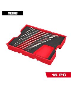 MLW48-22-0156 image(0) - Milwaukee Tool 15 Piece Metric Ratcheting Combination Wrench Set with Tray for PACKOUT Drawers
