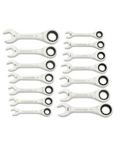 KDT86859 image(0) - GEARWRENCH 14 Piece 90-Tooth 12 Point SAE/Metric Stubby Ratcheting Combination Wrench Set