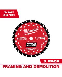 Milwaukee Tool 7-1/4 inch 24T NITRUSCarbideFraming & Demolition Circular Saw Blade &hyphen; 3 PK