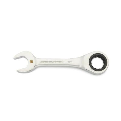 KDT86845 image(0) - GEARWRENCH 15mm 90-Tooth 12 Point Stubby Combination Ratcheting Wrench