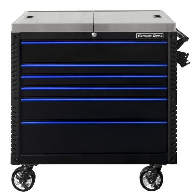 EXTEX4106TCSBKBL image(0) - Extreme Tools EX Professional Series 41 Inch 6 Drawer Sliding Top Tool Cart  with stainless steel work surface - Black with Blue Drawer Pulls