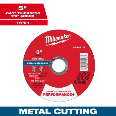 MLW49-94-0115 image(0) - Milwaukee Tool 5" x .045" x 7/8" Performance+ Metal Cut Off Wheel - Type 1