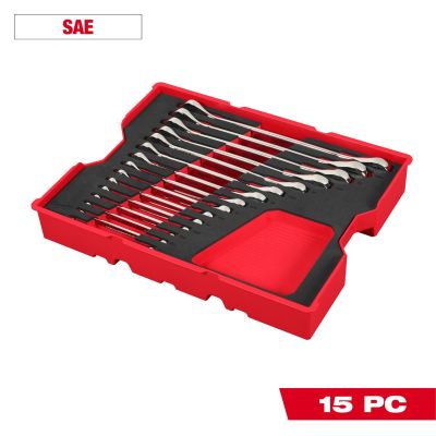 MLW48-22-0157 image(0) - Milwaukee Tool 15 Piece SAE Ratcheting Combination Wrench Set with Tray for PACKOUT Drawers