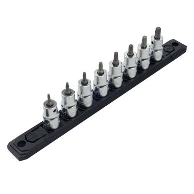 WIH76395 image(0) - Wiha Tools Torx&reg; Bit Socket 3/8" Square Drive w/ 1/4" Replaceable Hex Bit 8 Piece Set T9 - T40 On Rail