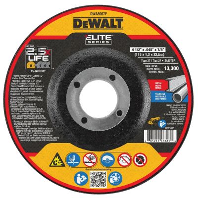DWTDWA8957F image(0) - DEWALT ELITE SERIES 4-1/2 In x .045 in Ceramic Abrasive Chop / Cut-Off Blade with 7/8 in Arbor For Stainless & Mild Steel Cutting (1 Pack)