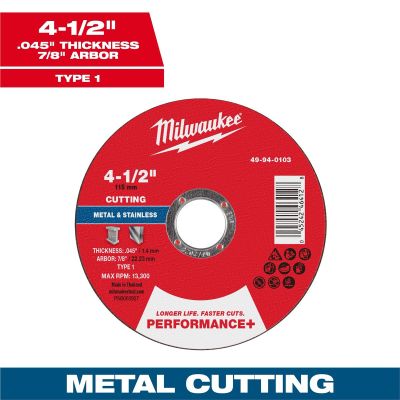 MLW49-94-0103 image(0) - Milwaukee Tool 4-1/2" x .045" x 7/8" Performance+ Metal Cut Off Wheel - Type 1