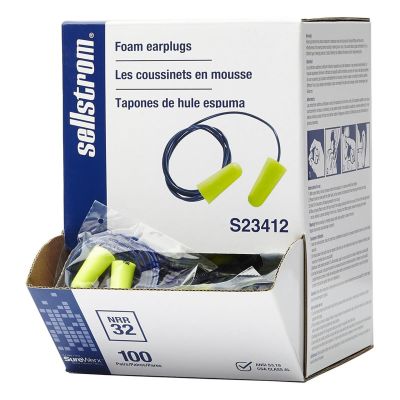 SRWS23412 image(0) - Sellstrom Earplugs - Disposable - Foam Bullet Shape - Corded - NRR 32 - Hi-Viz Green - 100 Pair Dispenser Box