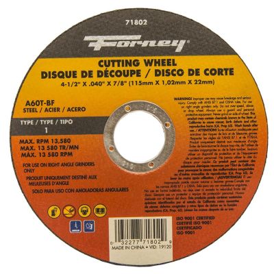 FOR71802 image(0) - Forney Industries CUT-OFF WHEEL, METAL, TYPE 1 (FLAT), 4-1/2 IN X .040 IN X 7/8 IN