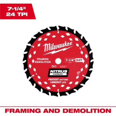 MLW48-40-0750 image(0) - Milwaukee Tool 7-1/4 inch 24T NITRUSCarbideFraming & Demolition Circular Saw Blade