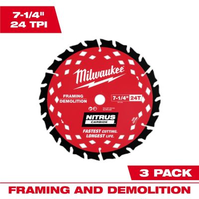 MLW48-40-0753 image(0) - Milwaukee Tool 7-1/4 inch 24T NITRUSCarbideFraming & Demolition Circular Saw Blade &hyphen; 3 PK