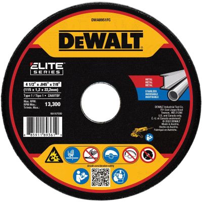 DWTDWA8951FC image(0) - DEWALT ELITE SERIES 4-1/2 In x .045 in Ceramic Abrasive Chop / Cut-Off Blade with 7/8 in Arbor For Stainless & Mild Steel Cutting (1 Pack)