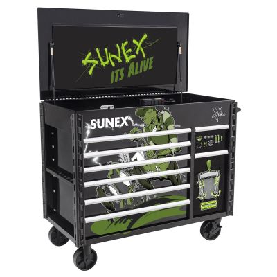 SUN8065PCBKALIVE image(0) - SUNEX 50 Inch 7 Drawer Power Cart with Dedicated Power Tool Storage and Power  - Tony Squindo Its Alive Design - Black