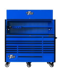 EXTRX7220HRKU image(0) - EXTREME TOOLS 72" RX SERIES 19-DRAWER 25" DEEP ROLLER CABINET W/HUTCH, 150 LB SLIDES - BLACK W/BLUE HANDLES