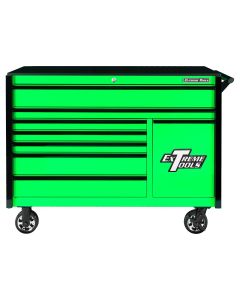 Extreme Tools DX Series 55in W x 25in D 8-Drawer Roller Cabinet W/Power Tool Drawer, 100 lb Slides, Green w Black Drawer Pulls