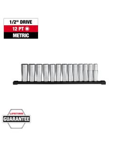 MLW48-22-9524 image(0) - Milwaukee Tool 13pc 1/2 inch Drive 12-Point Deep Well Metric Socket Set