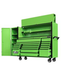 EXTDX72HRSGK image(0) - Extreme Tools DX Series 72in W x 21in D Extreme Power Workstation Hutch, 17-Drawer Roller Cabinet  and 19in Side Locker Combo, Green w Black Drawer Pulls