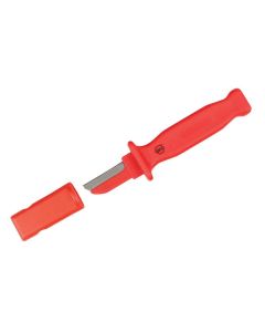 WIH15003 image(0) - Wiha Tools Insul. Electricians Cable Stripping Knife 50mm Blade w/ Finger Guard over Back of Blade, Straight blade partly Insul.. Cover Included. 9" Oal