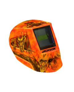 JCK47101 image(0) - Jackson Safety Welding Helmet - Auto Darkening - Nylon - 3.94" x 3.64" Viewing Area - Shade 3/5-13 Variable ADF 1/1/1/1 - 370 Speed Dial Headgear - Hellfire Graphics