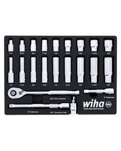 Wiha Tools Set Includes - 9 Standard Sockets 1/4&rdquo; - 3/4&rdquo; | 9 Deep Sockets 1/4&rdquo; - 3/4&rdquo; | 3/8&rdquo; Dr. Ratchet 72 Tooth | 3/8&rdquo; Dr. Extension Bars 3&rdquo;, 6&rdquo; | 3/8&rdquo; Dr. Universal Joint