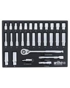 Wiha Tools Set Includes 12 Standard Sockets 10 - 21mm | 13 Deep Sockets 10 - 22mm | 1/2&rdquo; Dr. Ratchet 72 Tooth | 1/2&rdquo; Dr. Extension Bars 3&rdquo;, 6&rdquo; | 1/2&rdquo; Dr. Universal Joint