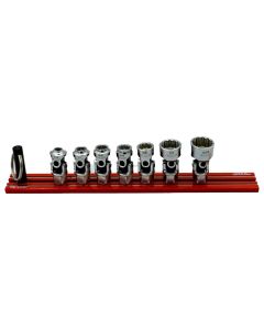 VIMDDSUJ400 image(0) - VIM Tools 7 Piece 12 Point Dual Drive Stubby UJ SAE Socket Set - 1/4 Inch X 11 mm Drive - Red Magrail