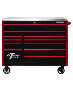 Extreme Tools EXQ Series 55inW x 30inD 11 Drawer Professional Roller Cabinet   300 lbs Slides  Black with Red EX Quick Release Drawer Pulls and Trim