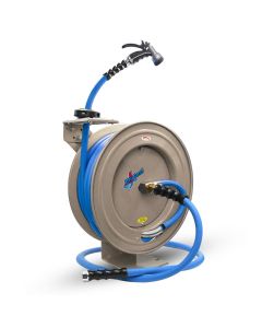 BLBBSWR5850-CR image(0) - BluBird BluSeal Garden Hose Reel 5/8" x 50' Retractable Heavy Duty Steel Construction with Garden Hose, Spray Nozzle, 6' Lead-in Hose - Cream