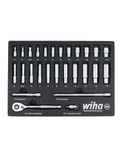 WIH33395 image(1) - WIHA Tools Set Includes - 12 Standard Sockets 4 - 14mm | 11 Deep Sockets 5 - 14mm | 1/4&rdquo; Drive Ratchet 72 Tooth | 1/4&rdquo; Drive Extension Bars 3&rdquo;, 6&rdquo; | 1/4&rdquo; Drive Universal Joint