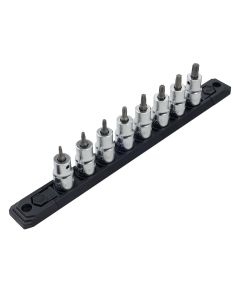 WIH76395 image(0) - Wiha Tools Torx&reg; Bit Socket 3/8" Square Drive w/ 1/4" Replaceable Hex Bit 8 Piece Set T9 - T40 On Rail
