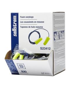Sellstrom Earplugs - Disposable - Foam Bullet Shape - Corded - NRR 32 - Hi-Viz Green - 100 Pair Dispenser Box
