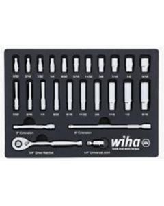 WIH33396 image(0) - Wiha Tools Set Includes - 11 Standard Sockets 5/32&rdquo; - 9/16&rdquo; | 10 Deep Sockets 5/32&rdquo; - 9/16&rdquo; | 1/4&rdquo; Drive Ratchet 72 Tooth | 1/4&rdquo; Drive Extension Bars 3&rdquo;, 6&rdquo; | 1/4&rdquo; Drive Universal J