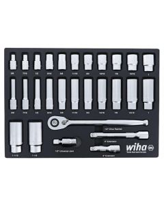 WIH33896 image(0) - Wiha Tools Set Includes - 11 Standard Sockets 3/8&rdquo; - 1&rdquo; | 13 Deep Sockets 3/8&rdquo; - 1-1/8&rdquo; | 1/2&rdquo; Dr. Ratchet 72 Tooth | 1/2&rdquo; Dr. Extension Bars 3&rdquo;, 6&rdquo; | 1/2&rdquo; Dr. Universal Joint