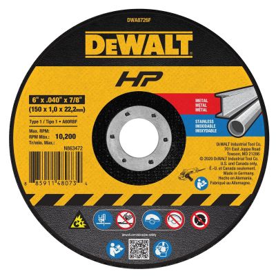 DWTDWA8726F image(0) - DEWALT 6" x .040" x 7/8" Type 1 Metal and Stainless Cutting