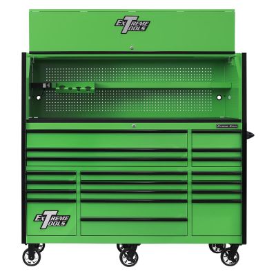 EXTRX723020HRGK image(0) - Extreme Tools RX Series 72"W x 30"D Pro Hutch & 19 Drawer Roller Cabinet Combo; Green w Black Drawer Pulls