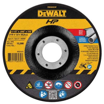 DWTDWA8424F image(0) - DEWALT 4-1/2" x .040" x 7/8" Type 27 Metal and Stainless Cutting Wheel HP