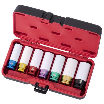 INT58007 image(0) - American Forge & Foundry Mag Wheel Protective Deep Impact Socket Set - 1/2" Drive - 7 Pc - 17mm,19mm (3/4"),21mm,13/16",22mm (7/8"),1",1-1/16"