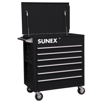 SUN8057BK image(0) - SUNEX 8057BK 500lb Capacity Professional 6-Drawer Full Drawer Service Cart - Heavy-Duty 18-Gauge Steel, Locking Top Bin - Black