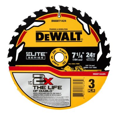 DWTDWAW714243PK image(0) - DEWALT ELITE SERIES 7-1/4 In Carbide Circular Saw Blade 24 Tooth with 5/8 in Arbor (3 Pack)