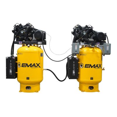 EMXESP10A120V1 image(0) - Emax Compressor Two 10HP 1ph 120 Gallon Vertical Solo Mounted Alternating Silent Air compressors-w/Pressure Lubricated pumps