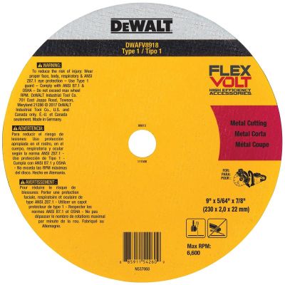 DWTDWAFV8918 image(0) - DEWALT FLEXVOLT 9 In x .045 in Ceramic Abrasive Chop / Cut-Off Blade with 7/8 in Arbor For Stainless & Mild Steel Cutting (1 Pack)