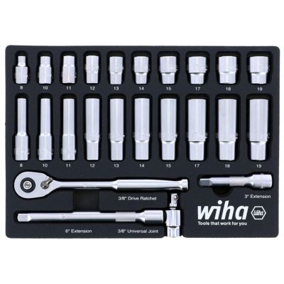WIH33795 image(0) - Wiha Tools Set Includes - 10 Standard Sockets 8 - 19mm | 10 Deep Sockets 8 - 19mm | 3/8&rdquo; Drive Ratchet 72 Tooth | 3/8&rdquo; Drive Extension Bars 3&rdquo;, 6&rdquo; | 3/8&rdquo; Drive Universal Joint