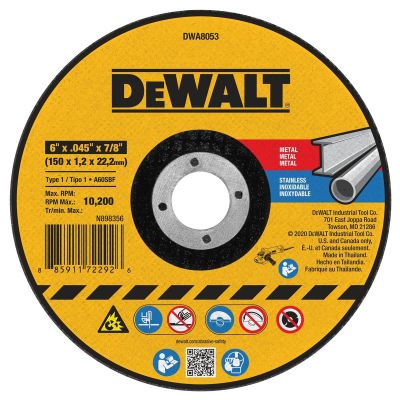 DWTDWA8053 image(0) - DEWALT 6 In x .045 in Aluminum Oxide Abrasive Chop / Cut-Off Blade with 7/8 in Arbor For Concrete & Masonry Cutting (1 Pack)